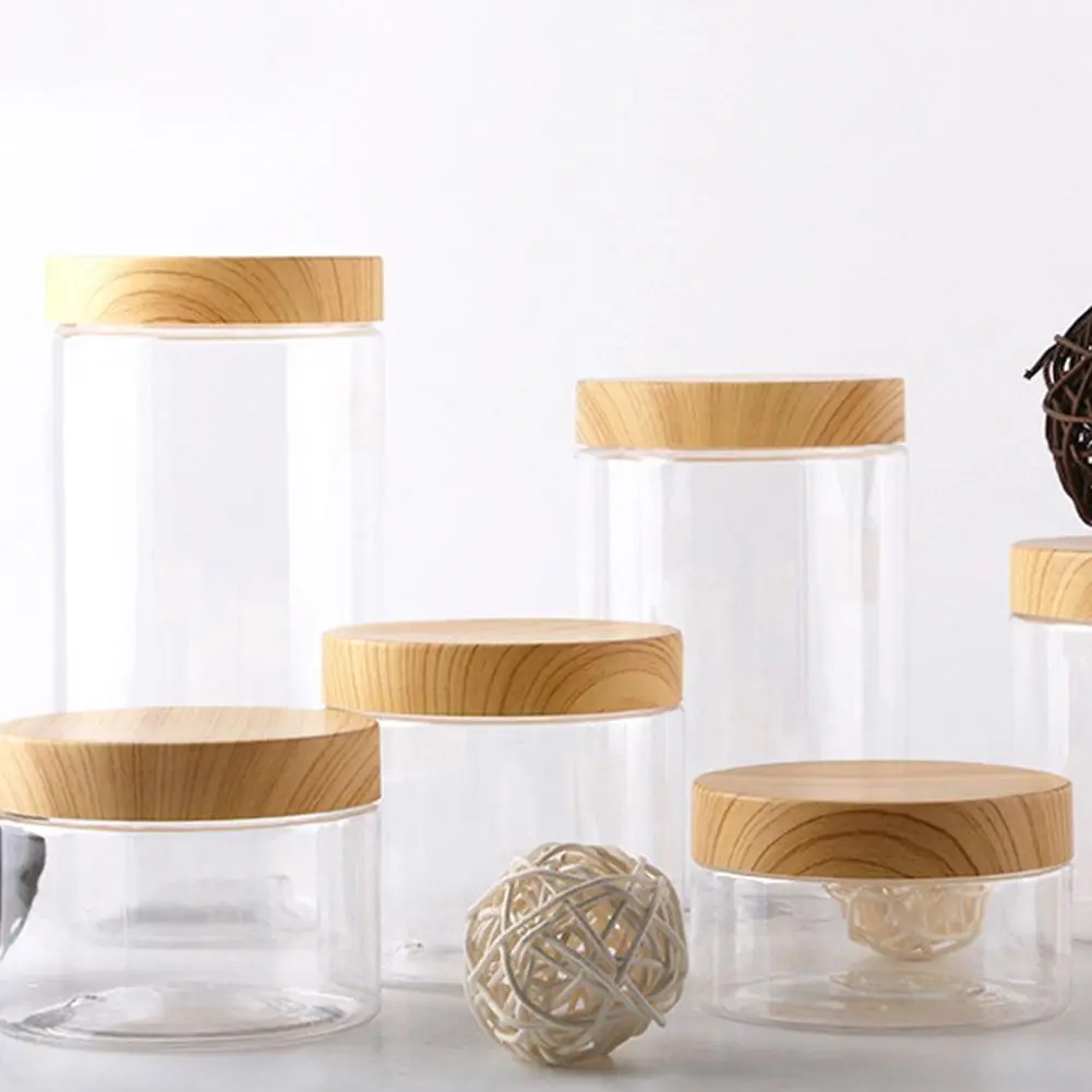 Wide Mouth Transparent Plastic Bottle, Nut Wood Grain Airtight Jar, Kitchen Seasoning Moisture-proof Storage Tank Home Kitchen
