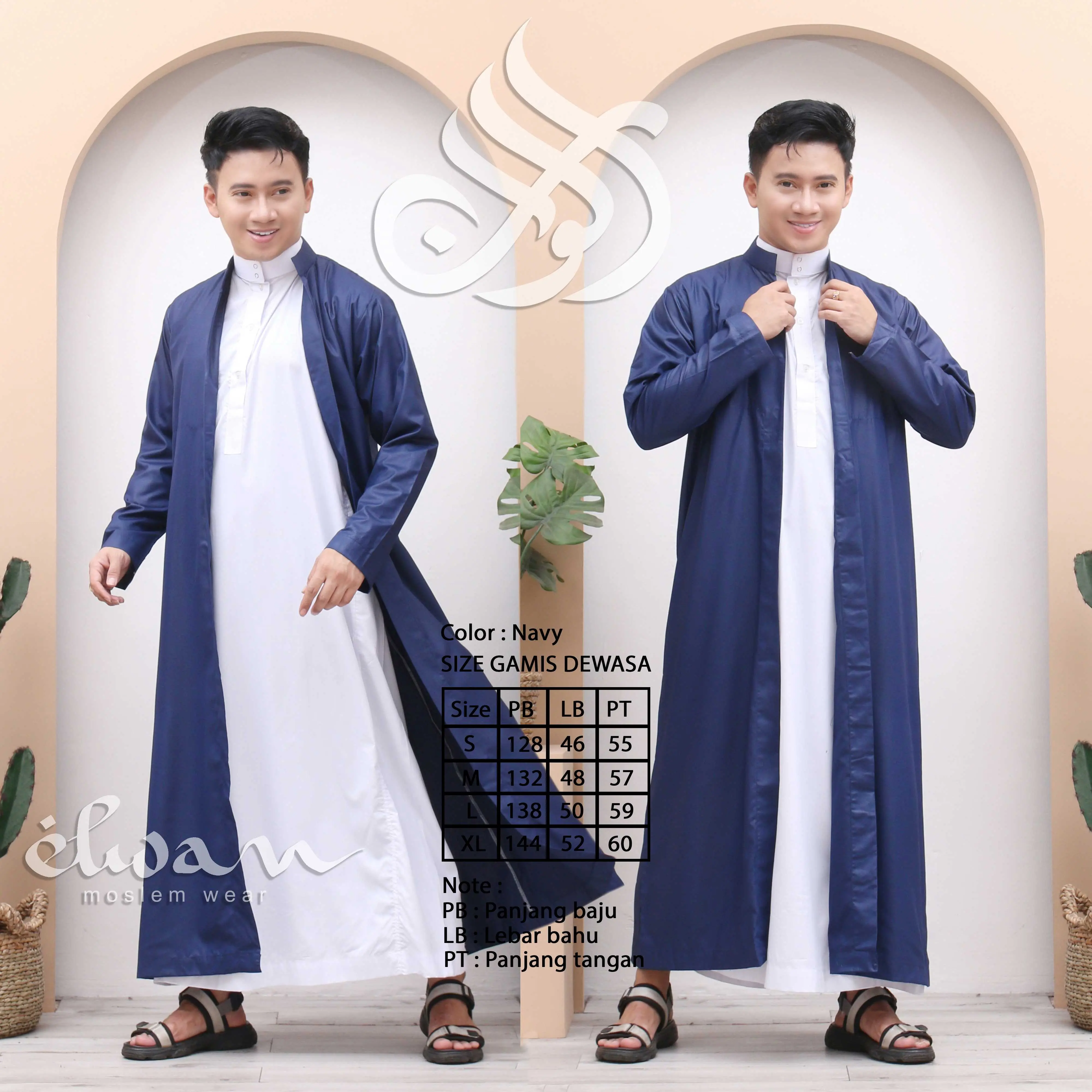BAJU MUSLIM PRIA DEWASA JUBAH ARAB LUARAN ELWAN WARNA NAVY BAHAN SUPER SPUN S.M.L.XL