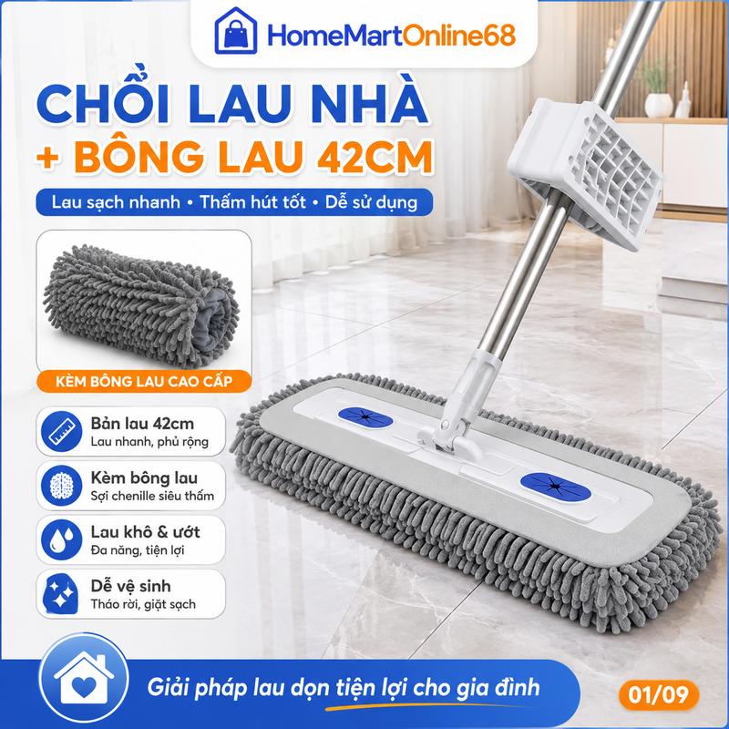 Chổi Lau Nhà Kèm Bông Lau 42cm, Cây Lau Nhà Đa Năng Đầu Lau Bản Rộng, Thấm Hút Tốt, Lau Sạch Hiệu Quả - HomeMartOnline68