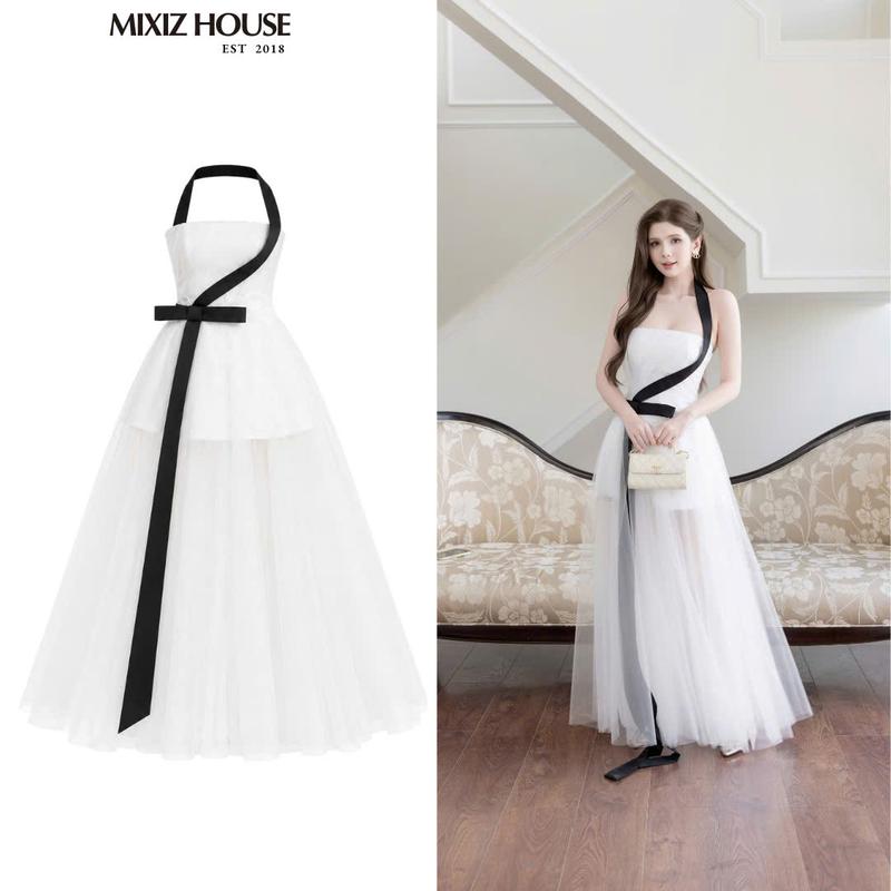 Đẫm maxi đi tiệc lưới dáng xoè trắng phối nơ đen Mixiz House D51