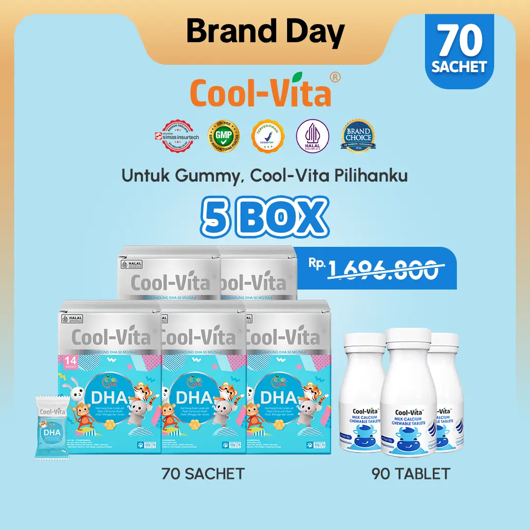 [A] Coolvita 5 Box DHA Gummy (Total 70 Gummy) + 3 Botol Chewable Calcium (Total 90 Tablet) | Suplemen Anak (Mulai 3 Tahun) dan Dewasa | Dukung Tumbuh Kembang Otak, Tulang & Gigi Secara Optimal