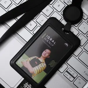 Stellar ID Card Holder - Lanyard Pria Wanita Nametag Hitam Modern Bahan Plastic ABS Premium & Genuine Leather Ukuran 11x7cm Mampu Menampung 2 Kartu Dilengkapi Retractable Lanyard Nylon