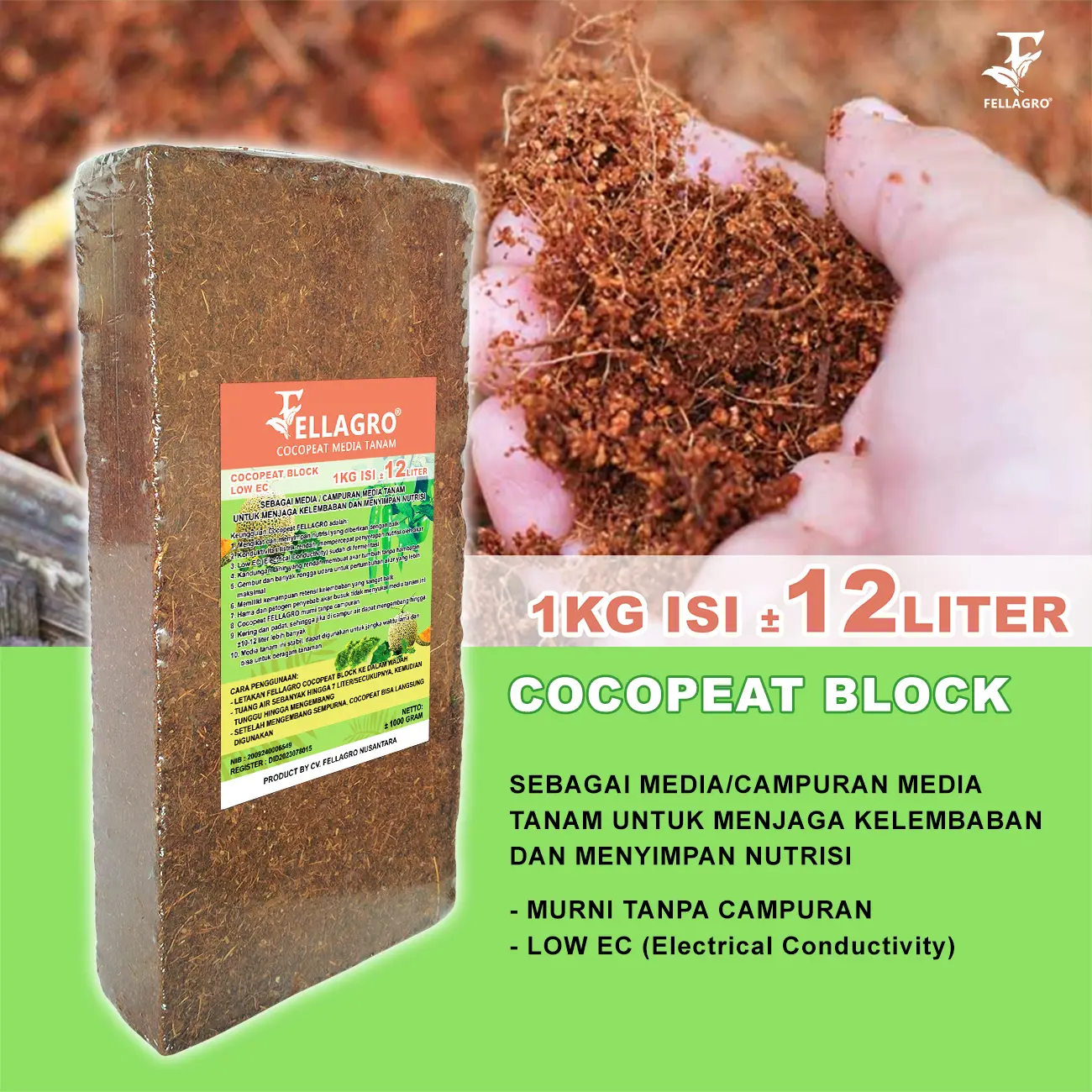 FELLAGRO COCOPEAT BLOK MEDIA TANAM ORGANIK TANPA CAMPURAN COCOPEAT 1kg