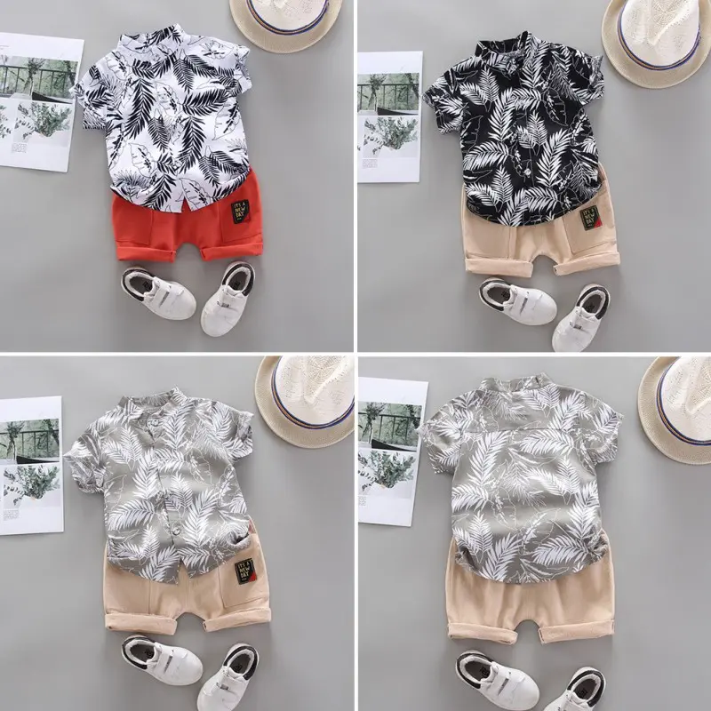 (3 Months - 4 Years old )2 Pcs/set Baby Boy Clothes Suit For Kids Boy Cotton Short Sleeve T-shirt Korean Top Leaves Blouse+Shorts Casual Outfits