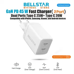 BELLSTAR Adaptor Charger Type C Fast Charging GaN 45W 2 Port MFI For iPhone 15 Samsung infinix xiaomi redmi