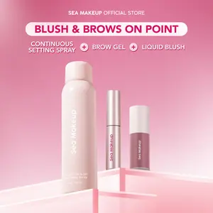 Sea Makeup Blush & Brows On Point - 3in1 Bundle Brow Gel + Liquid Blush + Continuous Setting Spray - Wajah Berjerawat, Waterproof, Tahan Lama, Natural Look