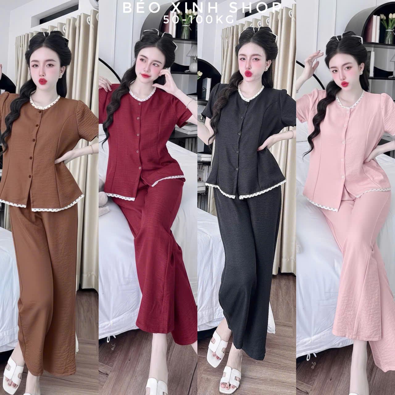 Thời Trang Bigsize Set Quần Áo Nữ Cổ Tim Phối Ren Tiểu Thư Quần Dài Thoải Chất Đũi Vân Mây Bigsize 50–95Kg Nữ Top Women –  A.1653
