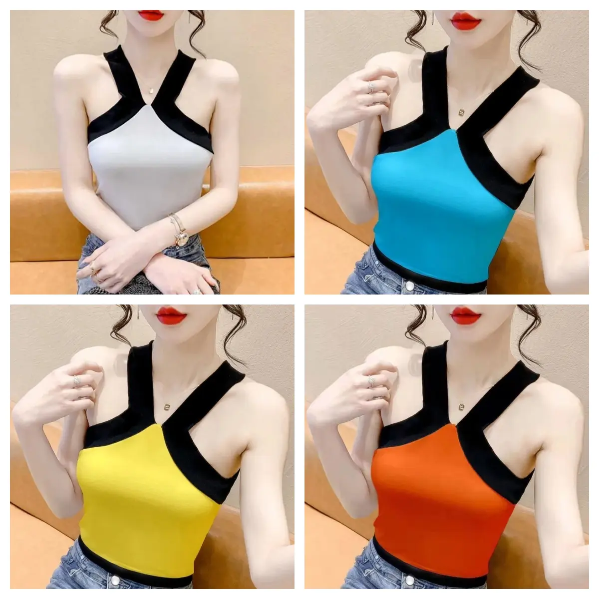 Sports Contrast Color Knitted Camisole Women Sexy Sleeveless Tank Top Womenswear Light