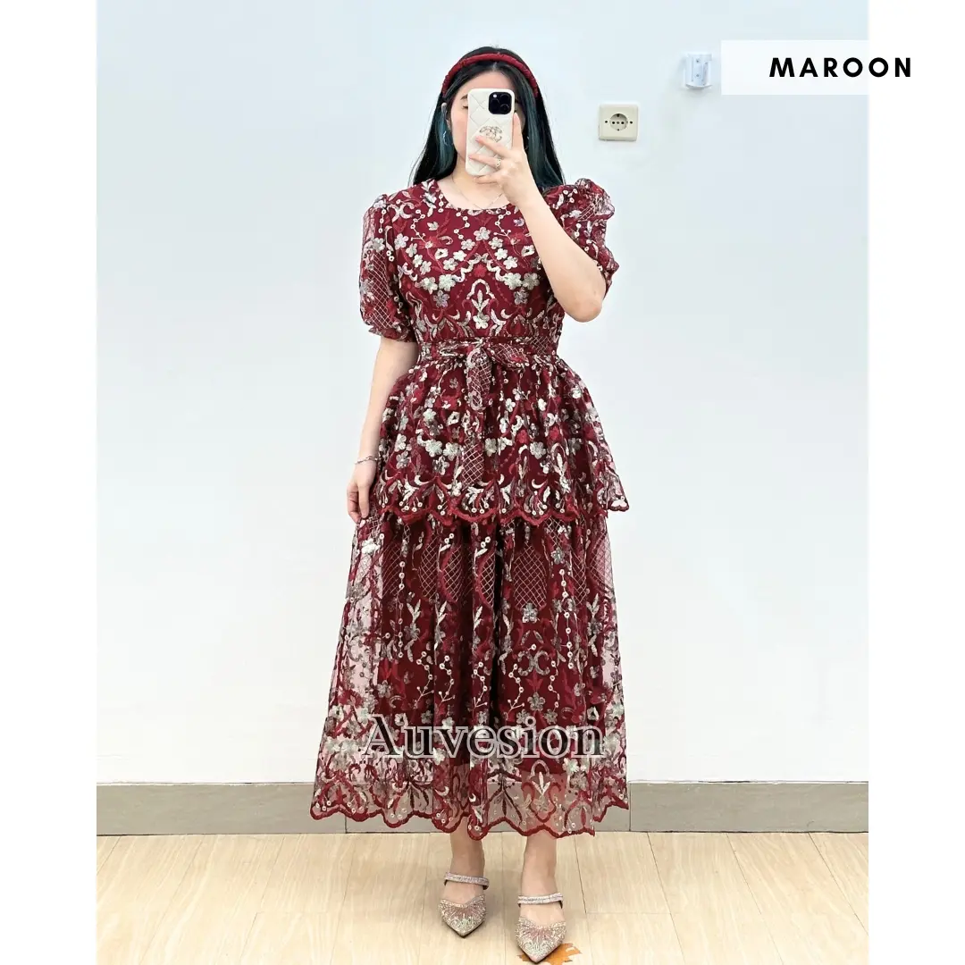 6271 Marielle Ruffle Tile Brukat Midi Dress Pesta Gaun Wanita