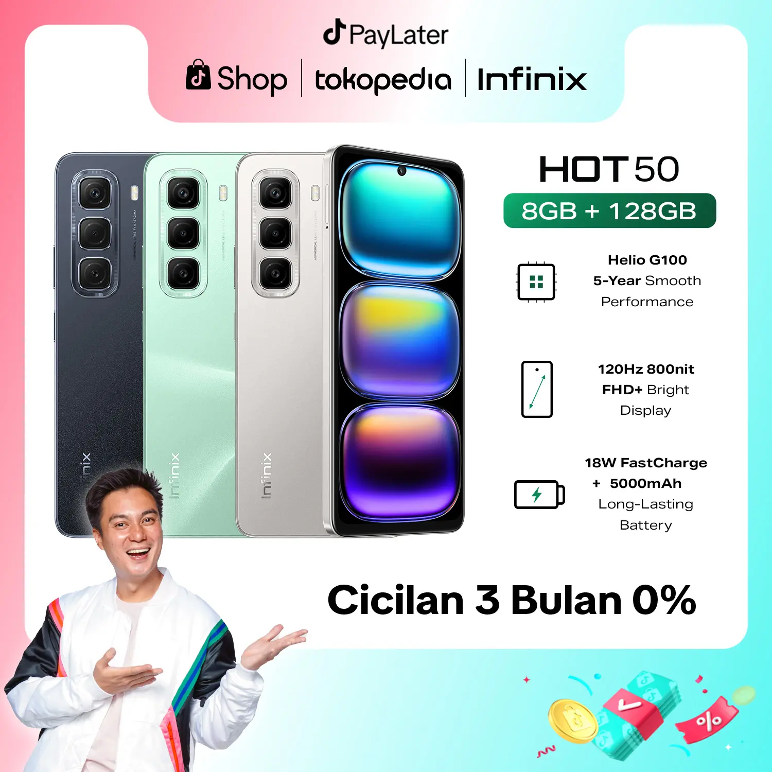Infinix Hot 50 8/128GB (BOSQUEMANTEP) - Up to 16GB Extended RAM - Helio G100 - 6.78 inch 120Hz FHD+ - 50MP - 5000 mAh - NFC