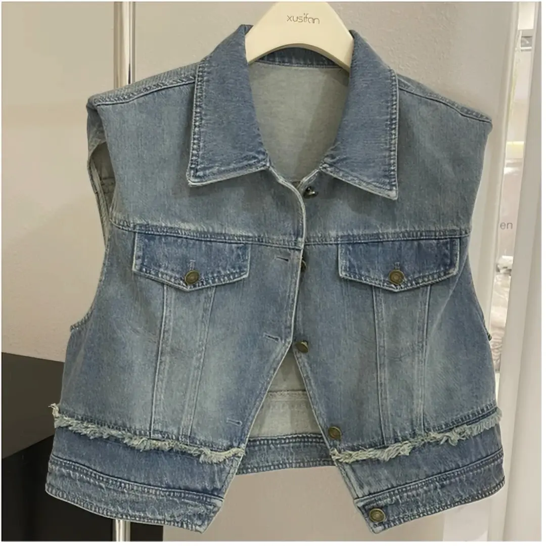 Designer waistcoat sleeveless light blue fashionable retro washed raw edge denim vest