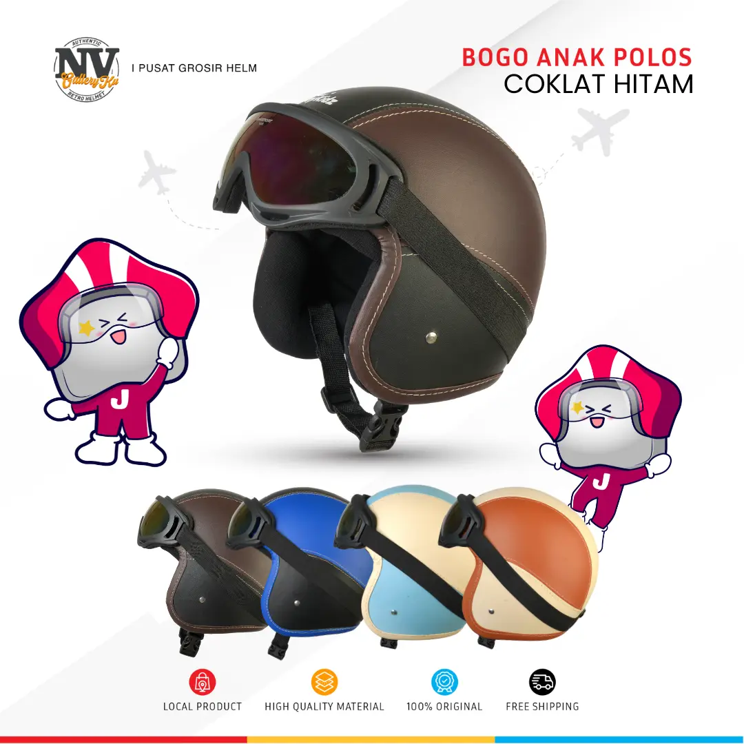 Helm Motor Anak Pororo Retro kacamata usia 2-7 Tahun Hitam Kuning Polos cembung kaca Aksesoris Motorcycle