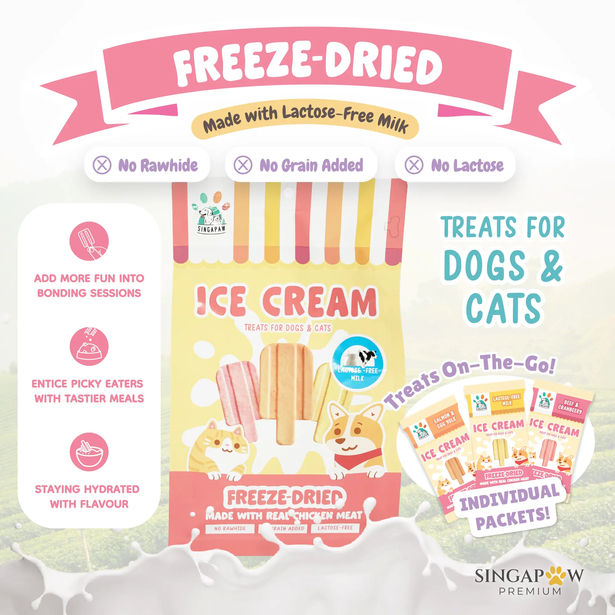 Singapaw Freeze Dried Ice Cream Chicken Dessert Treats for Dogs and Cats Premium Rich Milk Lactose Free Contains Real Meat 48g