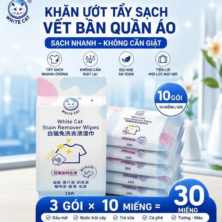 WHITE CAT Khăn Ướt Tẩy Vết Bẩn Đa Năng, Tẩy Sạch Dầu Mỡ, Cà Phê, Trà Sữa, Nước Trái Cây, Máu, Nước Tương, Khử Mùi Hiệu Quả, Dùng Cho Quần Áo, Giày Dép, Sofa, Túi Xách, Tiện Mang Theo Khi Đi Làm, Du Lịch, Dã Ngoại, 10 Miếng x 3 Gói