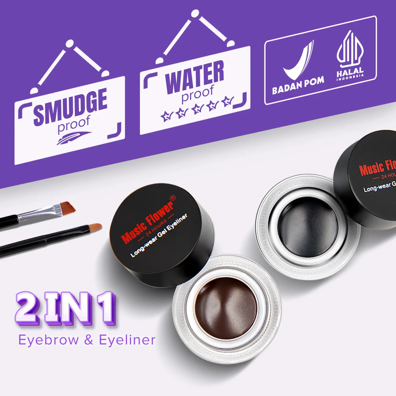 [Mami Louisse Recommend] Music Flower 2 in 1 Black & Brown Gel Eyeliner & Eyebrow Tahan Lama Anti Air Anti Minyak Antibekas  Pensil Waterproof Lasting Pencil