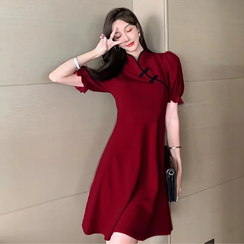 Improved Cheongsam Black Dress Women's Mid-Length Tight Waist Slimming A- line Skirt Puff Sleeve High Waist Temperament Skirt Casual Womenswear