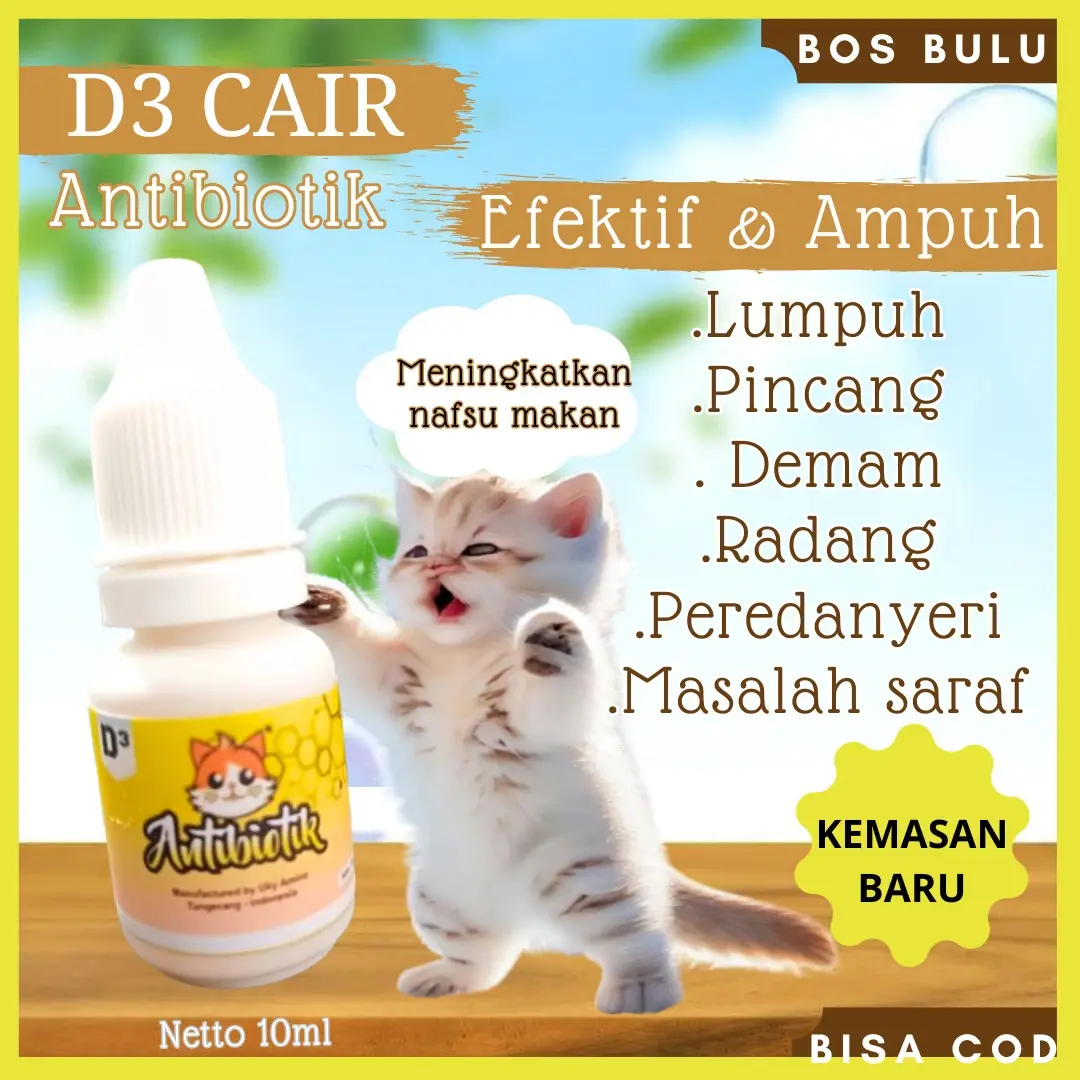 D3 cair antibiotik pereda nyeri demam radang tenggorokan lumpuh pincang kucing 10ml