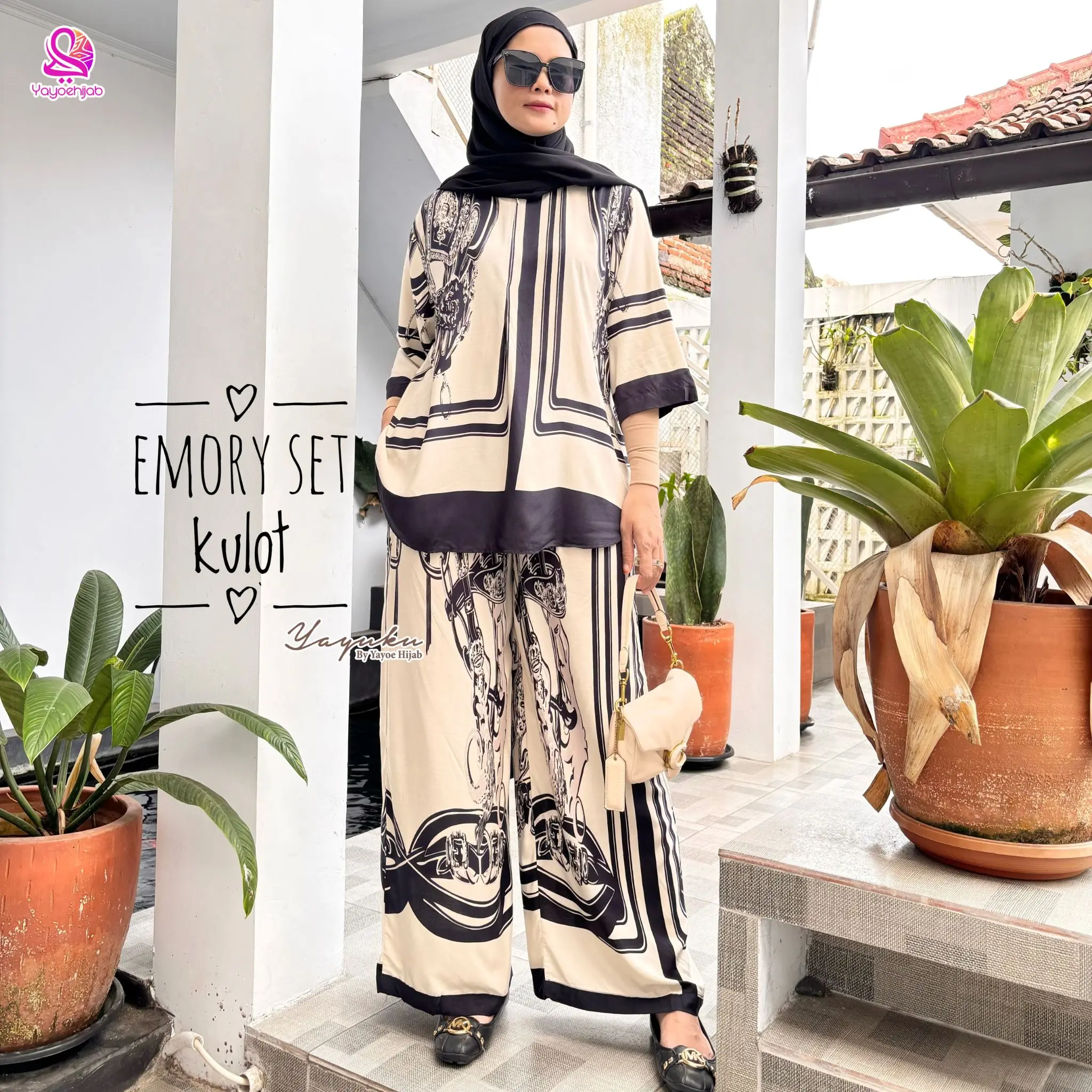 Emory Setelan Celana Kulot Panjang Lengan 7/8 Katun Motif Premium Baju Dewasa Wanita Adem Busui Friendly Yayuku