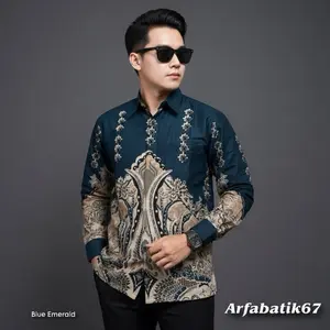 BLUE EMERALD GUNUNGAN Kemeja batik pria lengan panjang katun prima premium lapis furing hero ready seragaman by arfabatik67 Atasan Baju