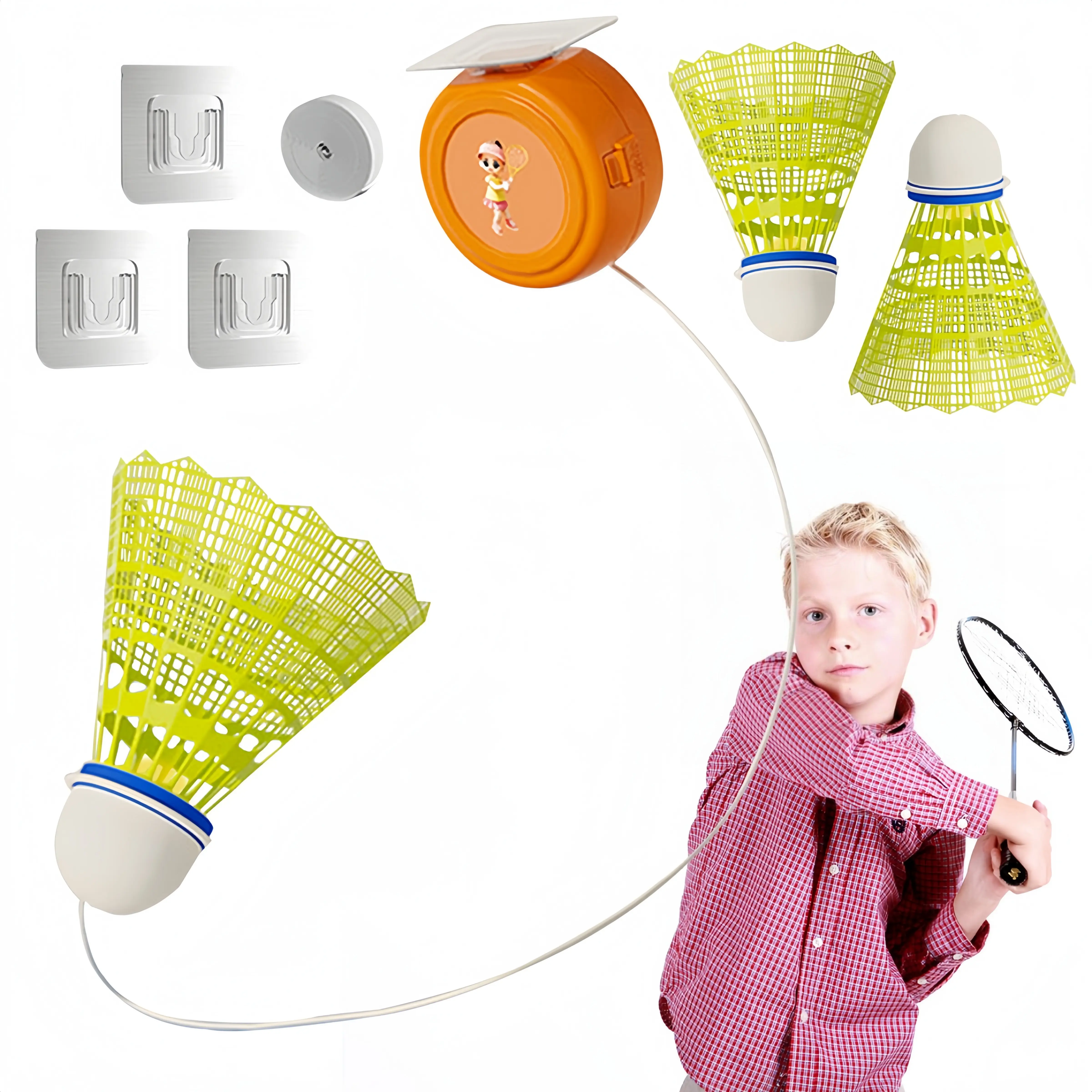 Badminton Rebound Trainer Sports Toys , Automatic Rebound Line Suction Cup Rotating, Children Adult Indoor Self-Timer Practice With Hand Automatic Rebound Badminton-With 40Pcs Elastic Cord