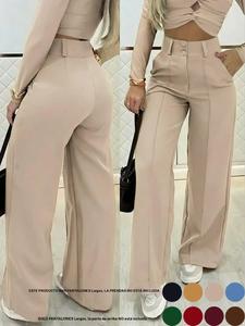 Pantalones de pierna ancha para mujer con frente doble botón, esencial versátil para el commuter, pieza única, vestimenta elegante para la oficina