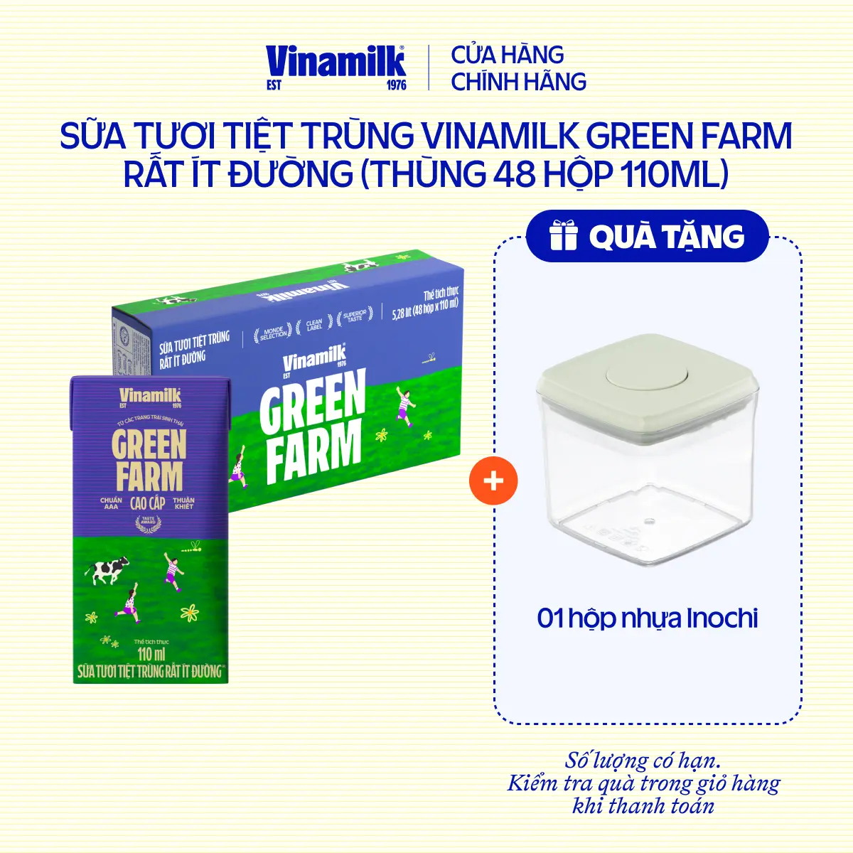 Thùng 48 hộp Sữa Tươi Tiệt Trùng Vinamilk Green Farm rất ít đường 110ml