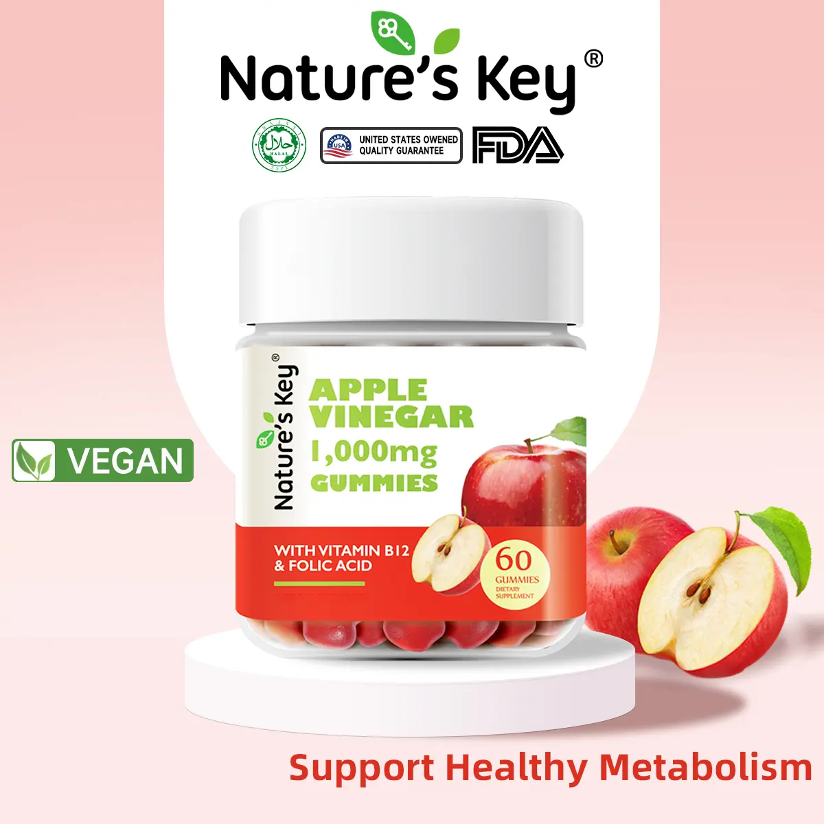 Nature's Key Halal Apple Cider Vinegar Edible  1000mg with Vitamin B6 B12 Supplement Healthy Fitness Dietary Healthcare Natural Optimum gut  health   gummies