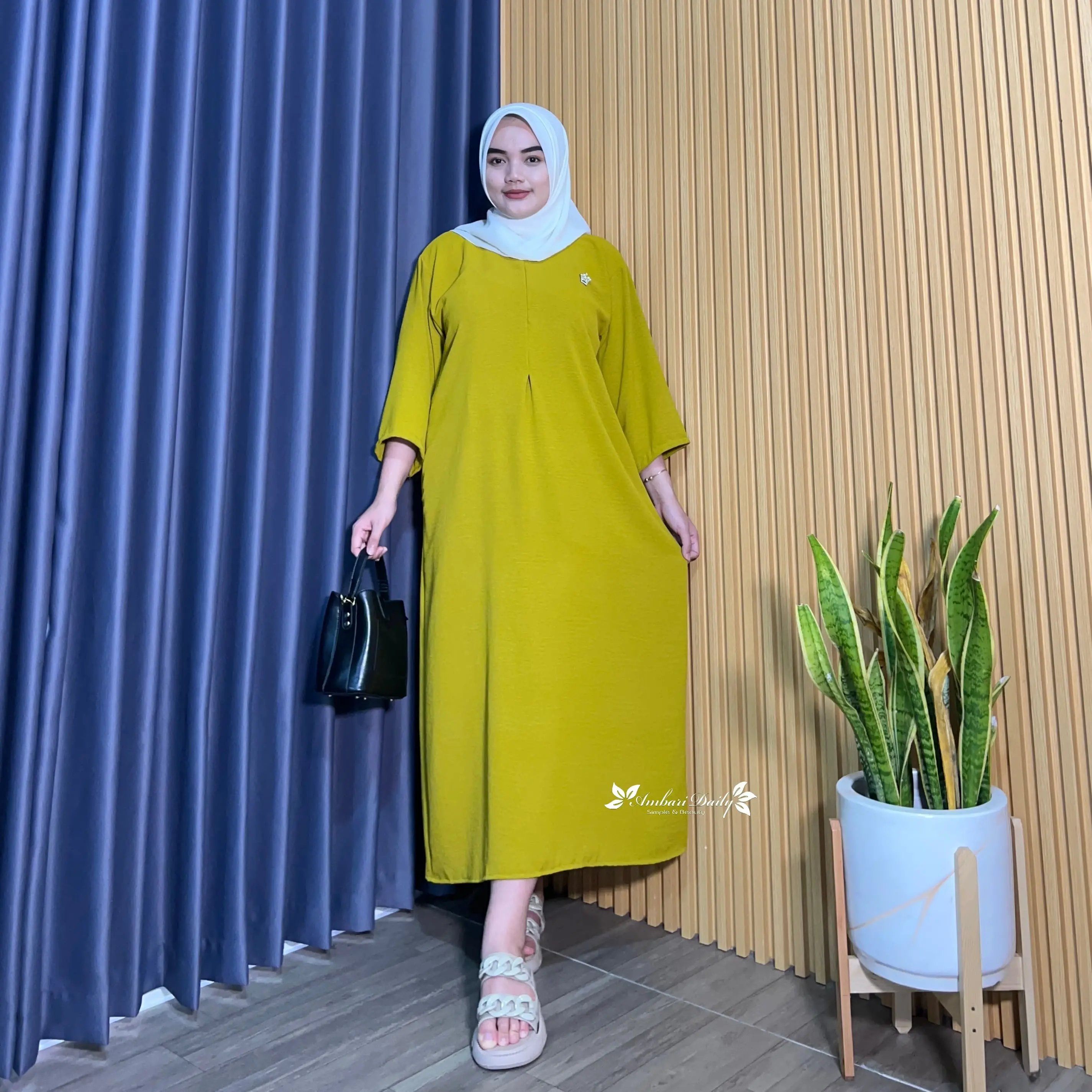 DASTER GAMIS WANITA TANGAN 3/4 Dress Crinkle Polos Muslim Airflow