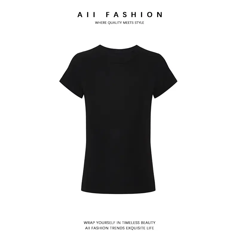 Straight shoulder short-sleeved T-shirt slim fit sexy waist slimming solid color round neck top