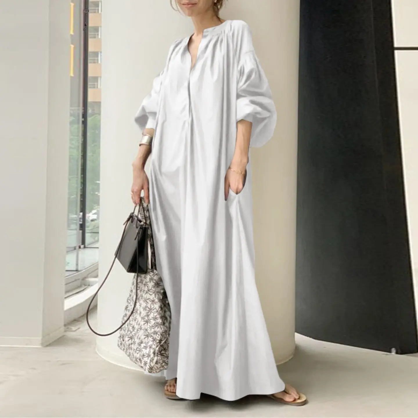 High quality new cotton linen dress Muslim women's robes solid color simple loose casual dress long plus-size women's dress
