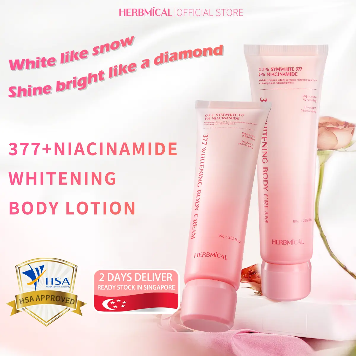 【HSA APPROVED】377 Whitening body lotion Moisturizer HERBMICAL 100g HSA APPROVED with 0.1% SYMWHITE 377 3% NIACINAMIDE Whitening and brightening Improve dull skin