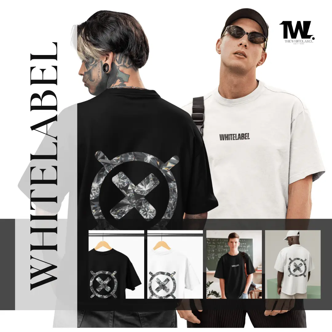 TheWhiteLabel Oversized MUTE Button Series 300GSM Printed T-Shirt - White/Black, 100% Cotton, Men's Top - Menswear Crewneck Round Neck Casual Minimalist Fashion Streetwear Tropical