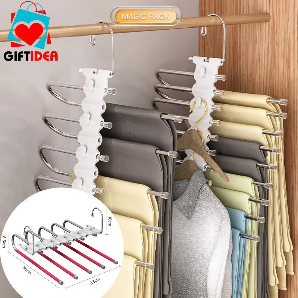 Magic Anti-slip Pants Hangers Space Saving Stainless Steel Multi-Tier Hanging Rack for Storage