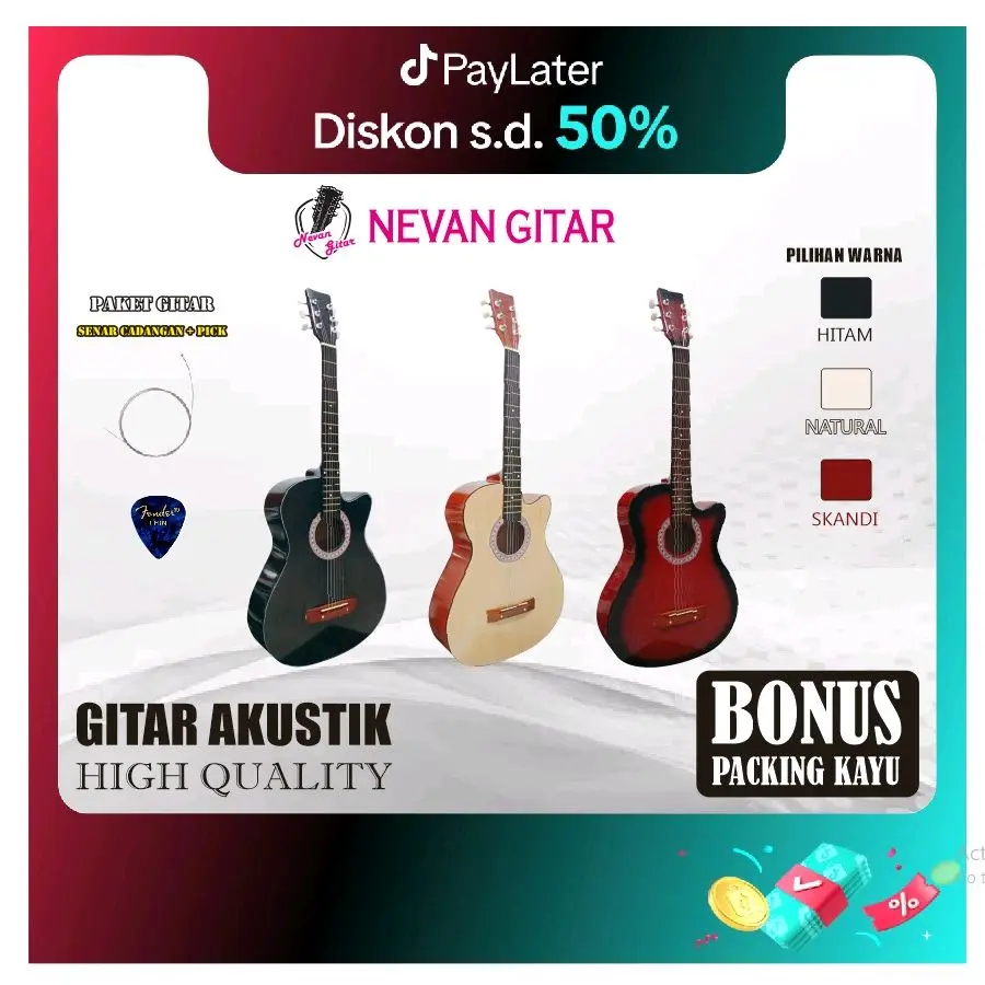 Gitar Akustik Pemula Termurah - Kayu Plastik - Bonus Senar Cadangan dan Pick Cantik