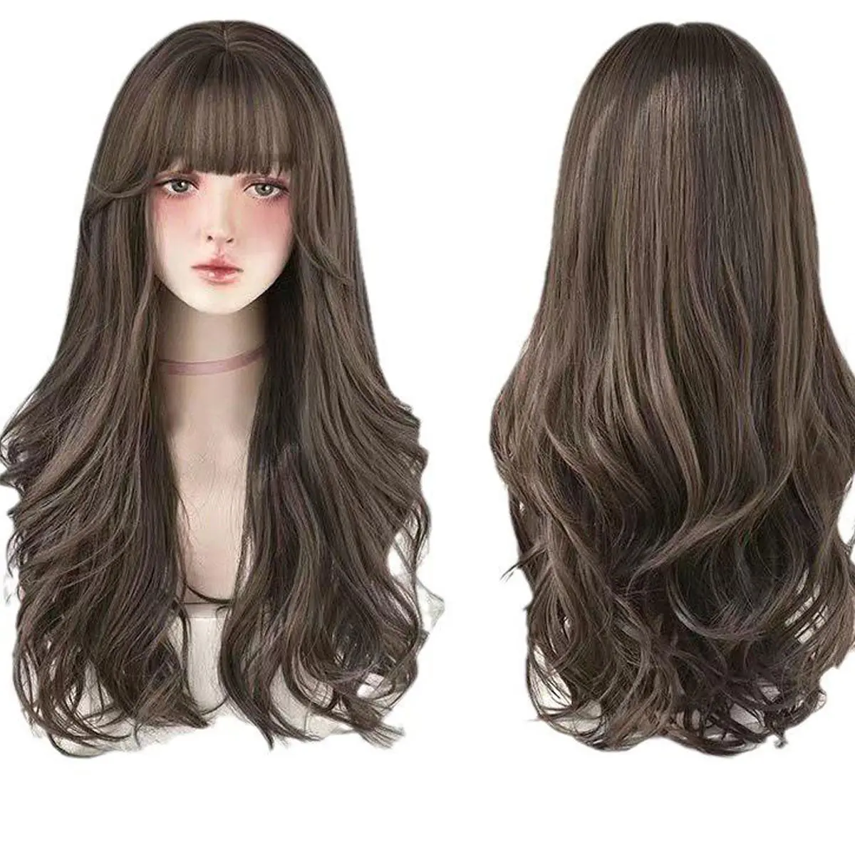Wig Women's Long Curly Hair Full Head Realistic Full Top Natural Fashion Big Wave Air Bang Face Repairhair Wigs for Women Wig Set