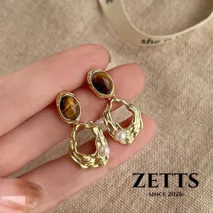 [Zetts] anting batu mata harimau cokelat bentuk geometris A576