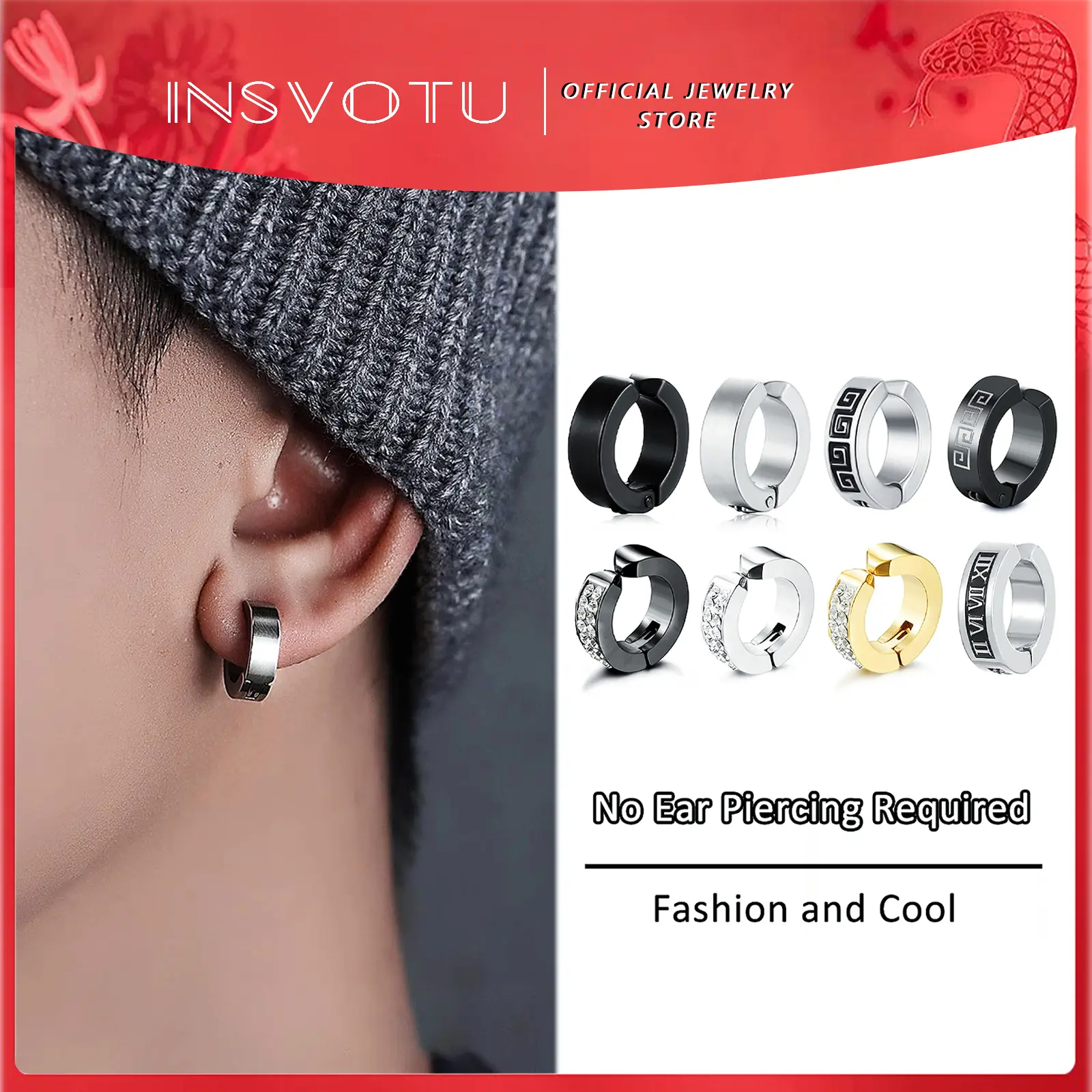 Stainless Steel Earrings No Need to Pierce Ear Clips No Fading or Rusting Cool Dark Ear Bone Clips for Women Men Hip-Hop