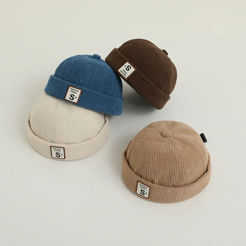 Korean Letter Baby Docker Cap Winter Corduroy Toddler Brimless Hat Adjustable Warm Kids Boy Girl Landlord Sailor Melon Caps