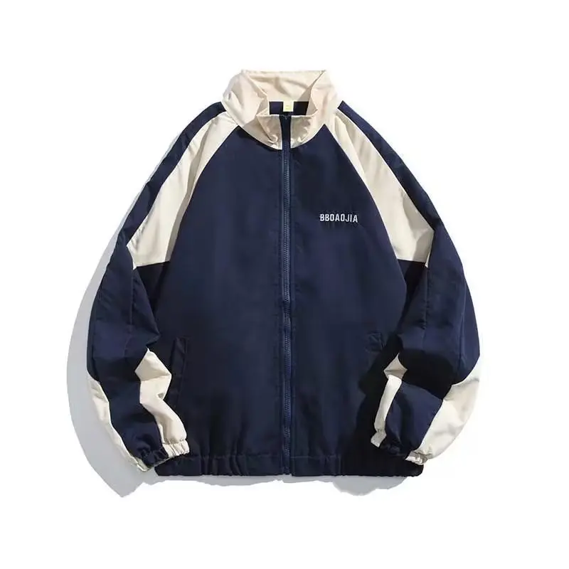 Spring and Autumn New Color Matching Menswear Jacket Trend Wild Couple Casual Black Outerwear Hong Kong Style Lapel Loose Womenswear Navy Blue Windbreaker Korean Comfort Plain Youth Baseball Uniform