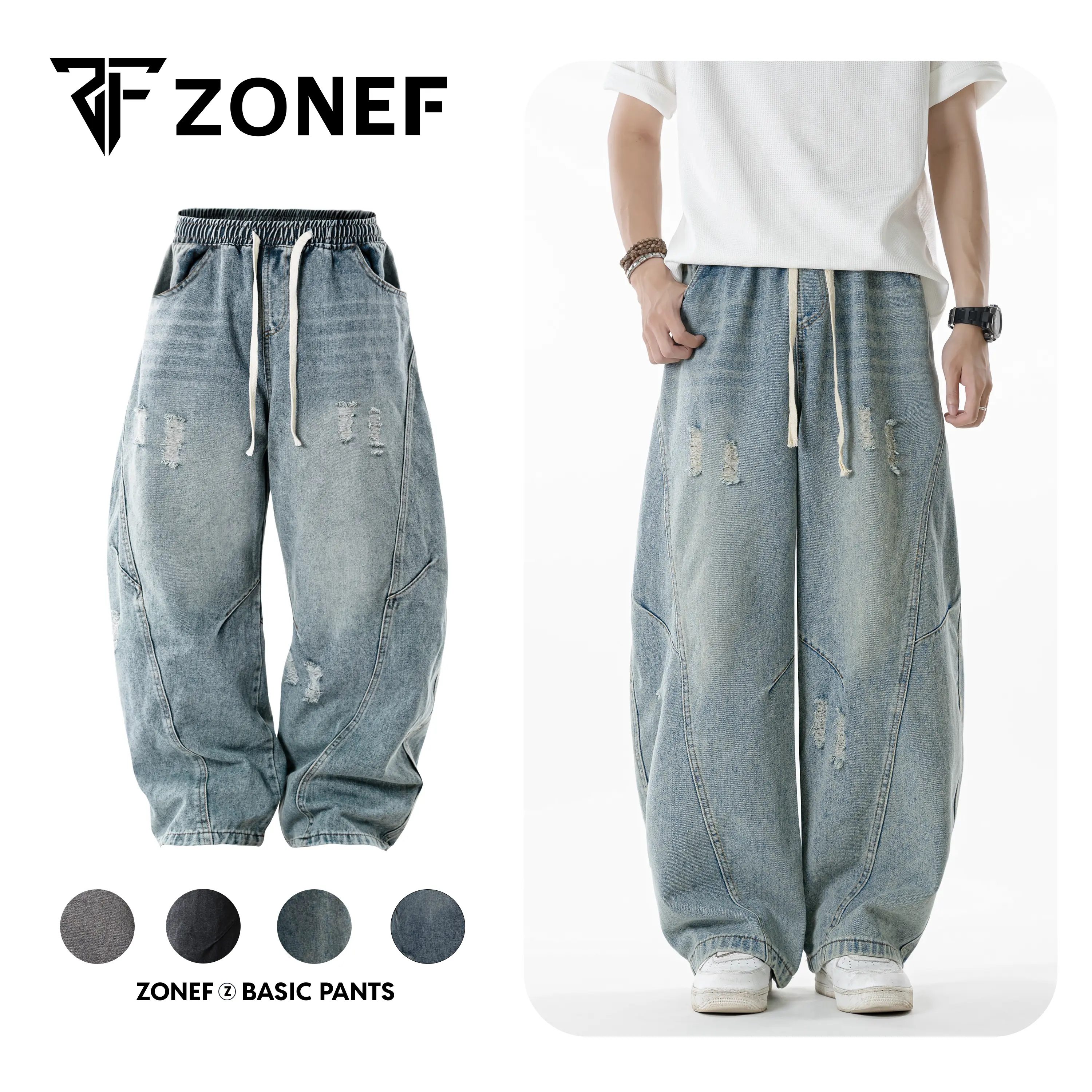 [CÓ BIGSIZE] Quần Jean Ống Cong Form Rộng RETRO Cạp Chun Dây Rút By Zonef Studio, Jean Wash Ống Rộng Unisex Phong Cách Streetwear - 1