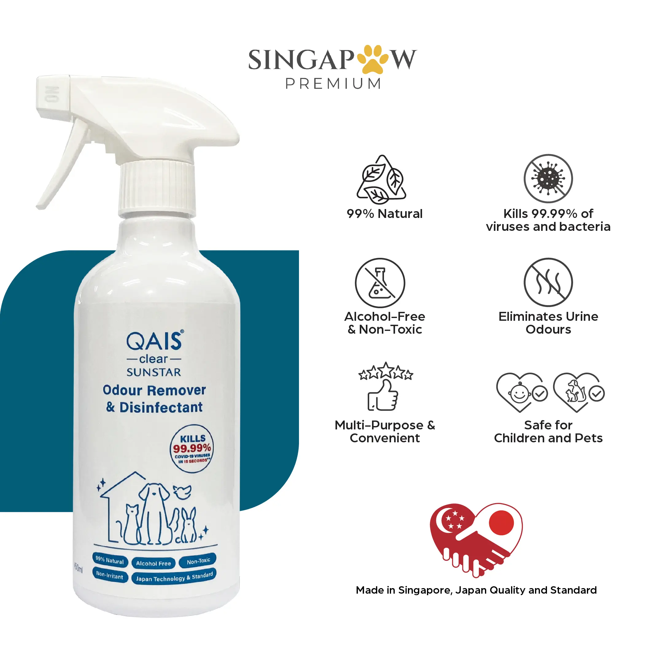 Singapaw Sunstar QAIS Clear Odour Remover Disinfectant Spray Natural and Safe for Pets Children Alcohol Free Non Toxic