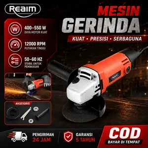 REAIM Mesin Gerinda Tangan Listrik Angle Grinder 4 Inch Portable Multifungsi Untuk Potong Besi Kayu Keramik dan Poles Metal Proyek Konstruksi Rumah Kuat Tahan Lama Garansi 5 Tahun Harga Terjangkau