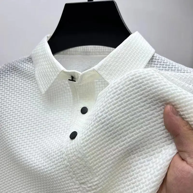 Men's Ice Silk polo shirt short sleeve t-shirt business button collar solid color Paul loose top shirt men's shirt xc2252