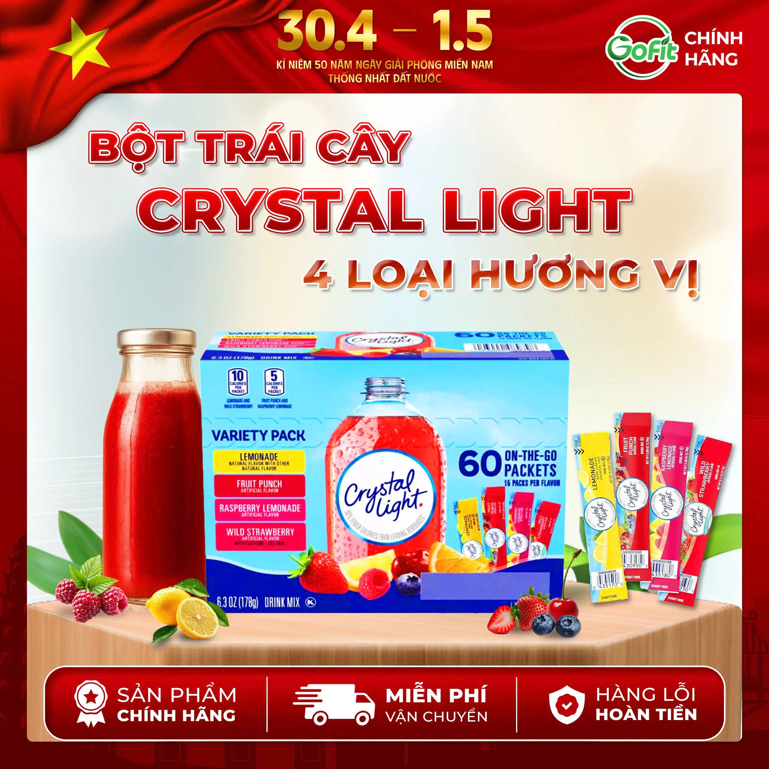 [GIÁ TỐT] Bột Trái Cây Crystal Light, hộp 60 Gói Gồm 4 Vị Chua Ngọt, Vị Chanh, Vị Cam, Vị Cherry, Vị Phúc bồn tử, Nước Trái Cây Vị Chua Ngọt Thanh Mát