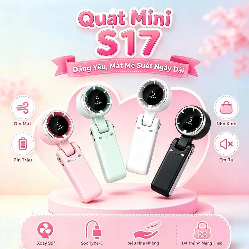 Quạt S17 Quạt Cầm Tay Gấp, Quạt turbo tăng áp cầm tay, Điều chỉnh 5 tốc độ, Có thể gập xoay 180 độ, Màn hình kỹ thuật số