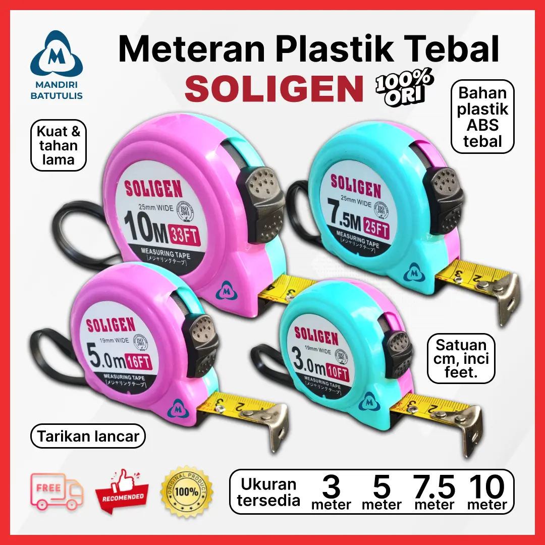 Meteran Bangunan SOLIGEN - Meteran Roll Gulung - Alat Ukur Tukang Plastik Tebal - Measuring Tape High Quality