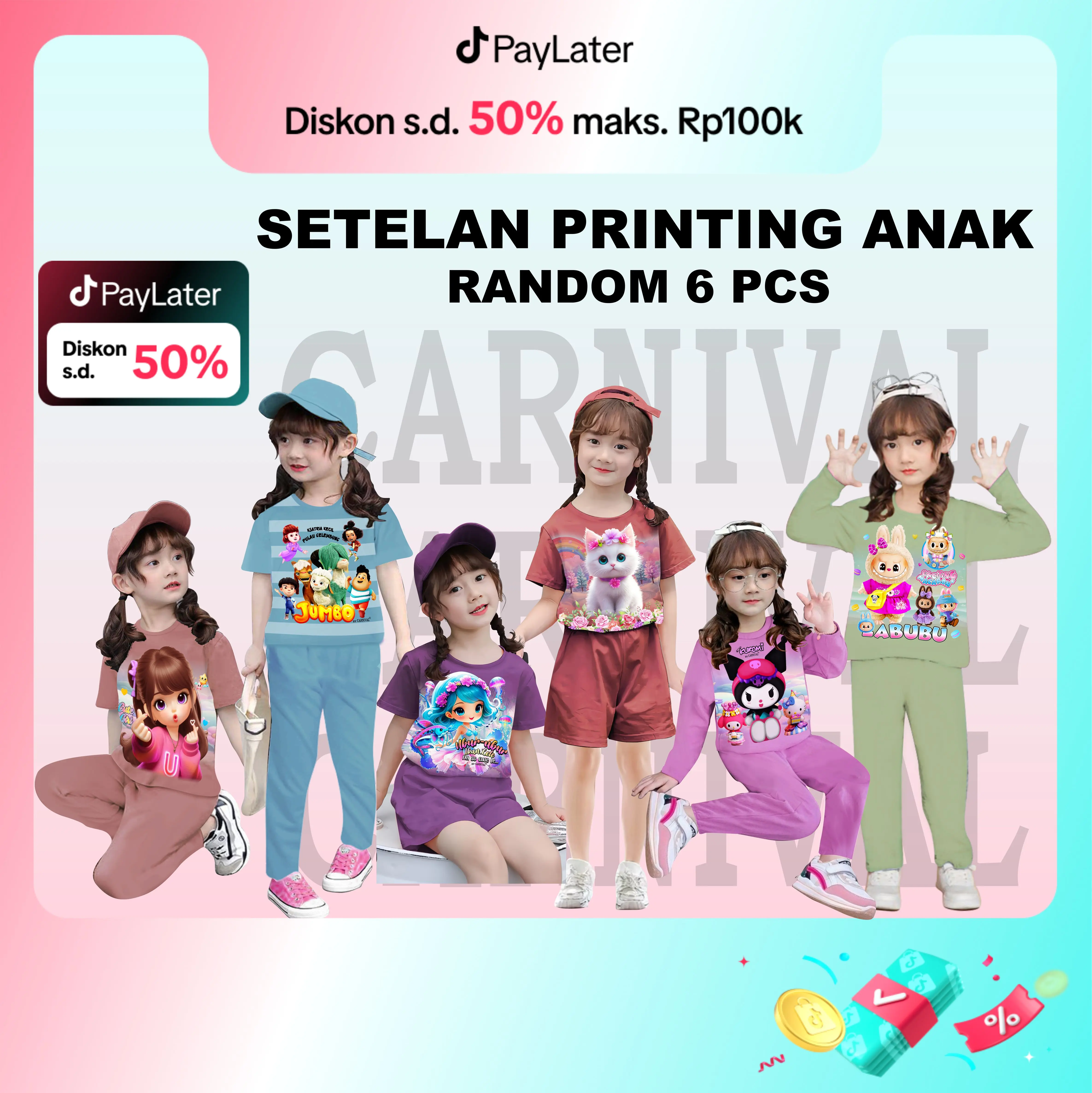 Paket Hemat Setelan Anak Perempuan Polos Motif Random 6 Pcs Usia 1-8 Tahun - Fashion