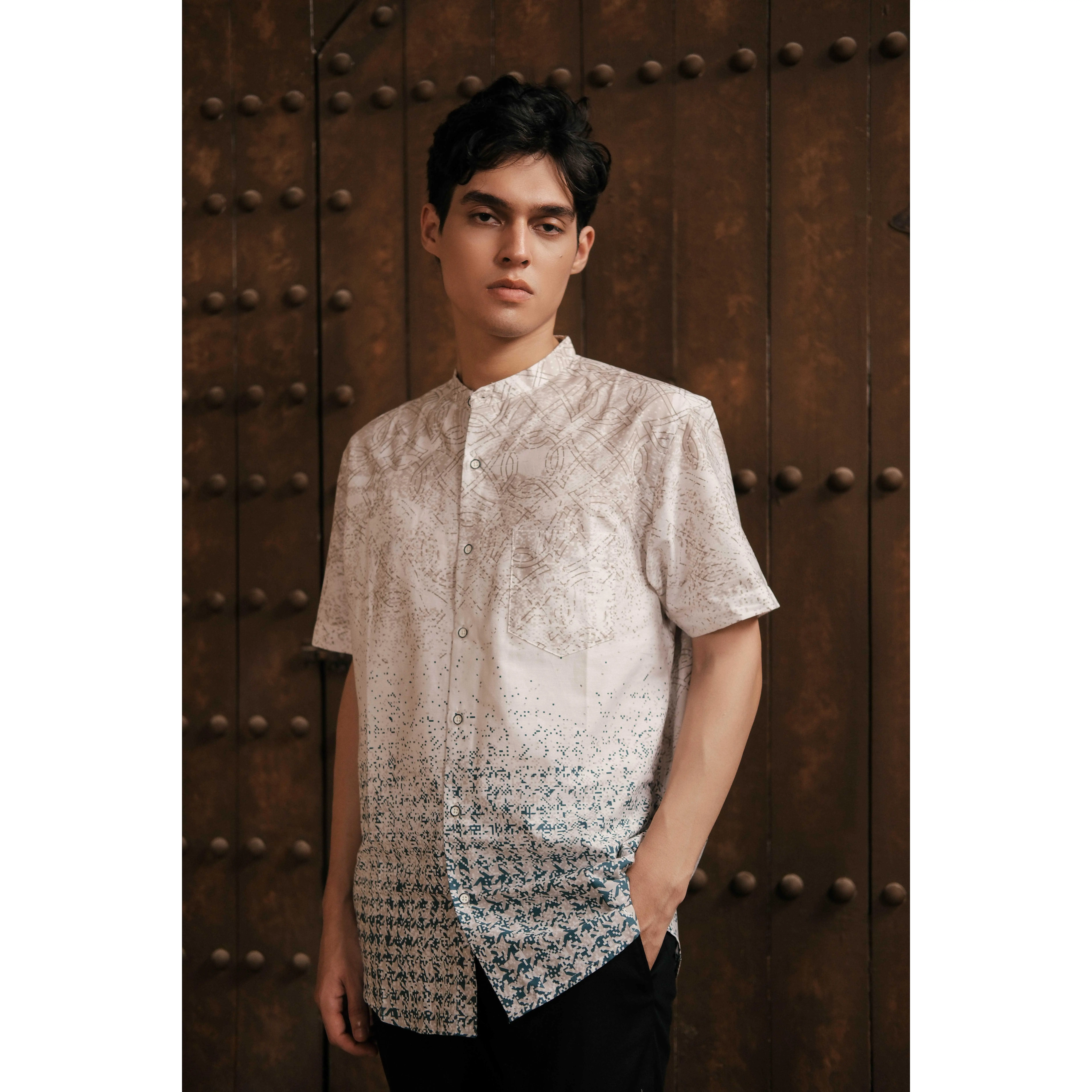 LARUSSO Khair Collection - Kemeja Koko Printing Pria Lengan Pendek - Qora