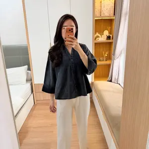 BECCA Kemeja Jeans LD 114 & 120 Denim Rompi Atasan - Wanita Kemeja Bordir - Kemeja Kantor Oversize Casual Basic