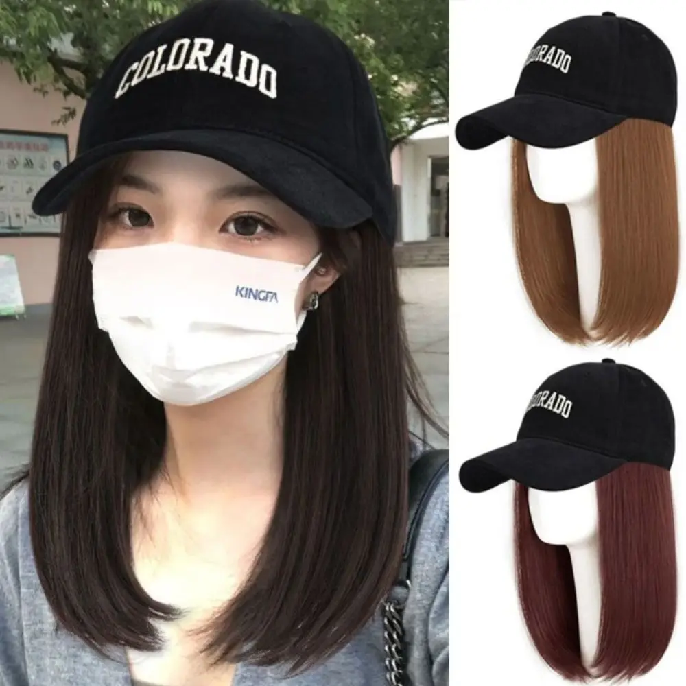 Soft High Quality Invisible Outdoor Summer Natural Hairpieces Synthetic Heat Resistant Fiber Women Female Long Straight Bob Hair Baseball Cap Bob Hair Wig Seamless Connection Hat Wig Black Baseball Cap Hair Wig